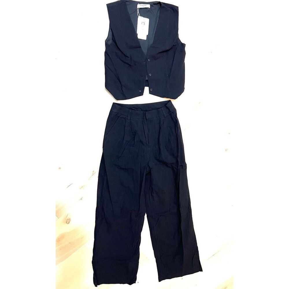 Commense NWT XS Black Cotton Two Piece Vest Pant Set Old Money Minimalist Chic - Picture 3 of 12